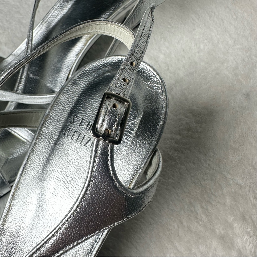 Stuart Weitzman Made in Spain  Silver Satin Strappy Leather Sole Heels Size 10 - Picture 7 of 15
